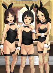 3girls animal_ears bar_censor black_eyes black_hair bottomless bow bowtie breasts brown_hair censored champagne_flute cleft_of_venus cuff_links cup detached_collar drinking_glass fake_animal_ears female_pubic_hair fishnet_legwear fishnets flat_chest has_bad_revision has_uncensored_version head_tilt highres indoors leotard loli long_hair looking_at_viewer multiple_girls open_mouth original parted_bangs playboy_bunny pubic_hair pussy rabbit_ears rensyu short_hair small_breasts sparse_pubic_hair standing thighhighs rating:Explicit score:242 user:Domestic_Importer
