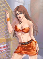  1girl streets_of_rage belt blaze_fielding breasts city cleavage earrings female_focus fence jewelry large_breasts long_hair midriff outdoors sega skirt smile solo  rating:Questionable score:40 user:typicalspoofaccount