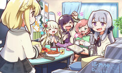  &gt;_&lt; +++ 5girls :d =3 =_= absurdres aqua_eyes arm_up black_ribbon black_skirt blonde_hair blush bottle braid brown_eyes checkerboard_cookie chips_(food) closed_eyes closed_mouth coffee_table collared_shirt commentary_request controller cookie copyright_name couch cup curtains drink drinking_glass dvd_case flat_screen_tv flower food french_braid frilled_skirt frills grey_hair hair_flower hair_ornament hair_over_shoulder hair_ribbon hand_up hands_up high_ponytail highres holding holding_bottle holding_case holding_cup hugging_object indoors jacket liu_mei_fan long_hair long_sleeves looking_at_another looking_to_the_side miniskirt mug multiple_girls nabezoko_no_okoge neck_ribbon notice_lines on_couch open_mouth otori_michiru outstretched_arm own_hands_together pillow pillow_hug pink_hair plaid plaid_skirt plant plate pocky pointing pointing_at_another potato_chips purple_eyes purple_hair raised_eyebrows red_flower red_rose remote_control ribbon rose school_uniform shelf shirt short_hair shoujo_kageki_revue_starlight shoujo_kageki_revue_starlight_-re_live- side-by-side side_ponytail sidelocks sideways_glance sitting skirt smile standing sweatdrop swept_bangs table television translation_request tsuruhime_yachiyo white_jacket white_shirt window yukishiro_akira yumeoji_shiori 