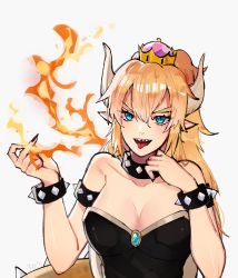  1girl 3o_c bad_id bad_pixiv_id blonde_hair blush bowsette breasts eyebrows_hidden_by_hair fire hair_between_eyes highres horns long_hair looking_at_viewer mario_(series) new_super_mario_bros._u_deluxe nintendo off_shoulder open_mouth pointy_ears smile solo tongue tongue_out upper_body  rating:General score:19 user:danbooru