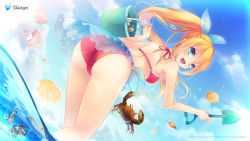 1girl :d aizawa_hikaru ass bikini blonde_hair blue_eyes breasts bucket clownfish crab dutch_angle fish highres leaning_forward long_hair microsoft ocean open_mouth partially_submerged partially_underwater_shot ponytail red_bikini sarong scallop see-through see-through_sarong shell shinia shovel silverlight smile solo swimsuit thighs tropical_fish underwater wading wallpaper water worktool rating:Questionable score:20 user:danbooru