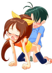  1boy 1girl all_fours blush bottomless brown_hair child_on_child closed_eyes couple doggystyle green_hair hetero kneeling loli long_hair open_mouth ponytail sex sex_from_behind short_hair shota simple_background white_background  rating:Explicit score:47 user:CYFire