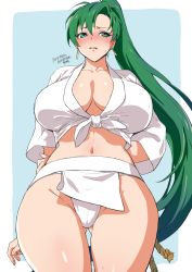  1girl breasts curvy fire_emblem fundoshi green_hair groin highres japanese_clothes large_breasts long_hair lyn_(fire_emblem) navel nintendo ponytail solo taut_clothes yajiro_masaru  rating:Questionable score:24 user:TDogarooski