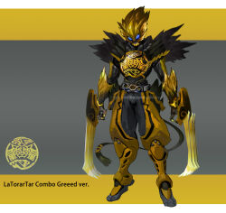  1boy absurdres armor belt blue_eyes claw_(weapon) claws commentary_request compound_eyes electricity heisei helmet highres kamen_rider kamen_rider_ooo kamen_rider_ooo_(series) letterboxed male_focus photoshop_(medium) ratoratah_(ooo_combo) rcj solo standing tokusatsu water weapon yellow_theme 