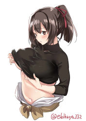 1girl black_shirt blush breasts brown_eyes brown_hair brown_hakama closed_mouth commentary ebifurya hair_between_eyes hair_ribbon hakama hakama_skirt head_tilt highres ise_(kancolle) japanese_clothes kantai_collection large_breasts lifting_own_clothes long_hair looking_at_viewer navel nontraditional_miko ponytail ribbon shirt short_hair simple_background skirt solo twitter_username undershirt undressing white_background rating:Sensitive score:10 user:danbooru