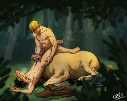2boys arm_over_head ass_grab bad_id bad_tumblr_id bara black_hair blonde_hair blush breath centaur clenched_teeth unworn_clothes completely_nude couple covering_face cris_art cum cum_on_body cum_on_male cum_on_pectorals forest from_side grabbing_another&#039;s_ass groping hair_over_eyes handjob hulkling interspecies long_sideburns male_focus male_pubic_hair marvel missionary monsterification multiple_boys nature navel_hair nipples nude pectorals pubic_hair short_hair sideburns sitting taur teeth thick_eyebrows toned toned_male torogao wiccan yaoi rating:Explicit score:15 user:danbooru