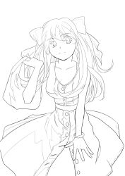 1girl absurdres alternate_costume bad_id bad_twitter_id bag breasts buttons casual chaos_marie_(grimms_notes) grimms_notes hair_ribbon highres lineart long_hair monochrome otutomoyu_1 ribbon simple_background solo unfinished white_background