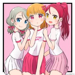  3girls :d aida_rikako artist_name black_border blue_eyes blush border clothes_writing commentary_request grey_hair hair_ribbon hand_on_another&#039;s_shoulder hand_on_own_chin highres inami_anju looking_at_viewer love_live! love_live!_sunshine!! low_twintails morimaiko multiple_girls open_mouth orange_hair photo-referenced pink_background pink_skirt pleated_skirt ponytail puckered_lips red_eyes red_hair red_ribbon red_skirt ribbon saitou_shuka sakurauchi_riko shirt short_hair short_sleeves short_twintails skirt smile takami_chika twintails voice_actor_connection watanabe_you white_shirt white_skirt yellow_eyes 