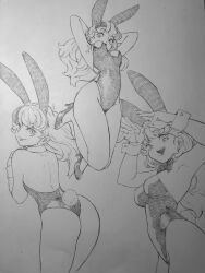 1girl animal_ears armpits ass breasts closed_mouth dr._slump fake_animal_ears greyscale highres leotard long_hair looking_at_viewer medium_breasts monochrome open_mouth playboy_bunny rabbit_ears rabbit_tail simple_background smile solo strapless strapless_leotard tail toshinoshin white_background yamabuki_midori