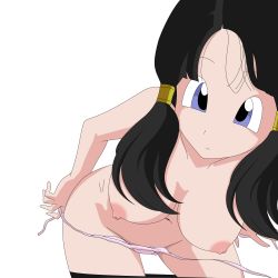  1girl absurdres breasts dragonball_z highres leaning_forward looking_at_viewer topless twintails underwear undressing videl  rating:Questionable score:31 user:pqowieurzt