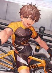 1boy bicycle bike_jersey bike_shorts black_gloves black_shorts brown_eyes brown_hair cycling_uniform gloves highres looking_at_viewer male_focus muscular muscular_male nayoshi_(r-744) open_mouth original outdoors short_hair shorts solo sweat thick_thighs thighs rating:General score:29 user:danbooru