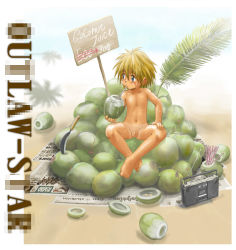 1990s_(style) 1boy bad_id bad_pixiv_id barefoot blonde_hair blue_eyes blush censored coconut drinking drinking_straw english_text fake_censor flaccid fruit_cup james_hawking male_focus mitsui_jun new_york_times newspaper novelty_censor nude outdoors outlaw_star palm_branch palm_tree penis price_tag radio retro_artstyle seed shorts_tan shota sign sitting small_penis solo sweat tan tanline testicles tree uncensored usa_today rating:Explicit score:88 user:danbooru