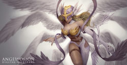  1girl angel_wings angewomon armor asymmetrical_clothes bare_shoulders belt blonde_hair breastplate breasts character_name cleavage covered_eyes cowboy_shot digimon digimon_(creature) digimon_adventure elbow_gloves female_focus flying gloves hagoromo head_wings helmet highres large_breasts lips long_hair midriff multiple_belts multiple_wings neos ribbon shawl single_elbow_glove single_pantsleg solo thigh_strap thighs visor wings  rating:Sensitive score:42 user:fakyuh