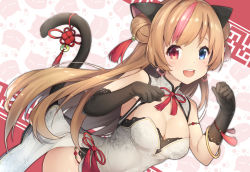  1girl 3.14 animal_ears asymmetrical_gloves blush breasts cat_ears cat_tail cleavage girls&#039;_frontline gloves heterochromia long_hair looking_at_viewer medium_breasts mismatched_gloves mk23_(girls&#039;_frontline) paw_pose smile solo tail  rating:Sensitive score:9 user:danbooru