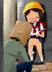 1boy 1girl age_difference backpack bag bag_on_head black_hair blush bow bow_panties cleft_of_venus closed_eyes clothes_lift crime_prevention_buzzer crying hat lifting_own_clothes loli nose_blush open_mouth original panties panties_around_leg puipui_(puipui_oracle) pussy randoseru red_bow school_hat school_uniform serafuku shirt shoes skirt skirt_lift standing tears teeth tile_wall tiles underwear upper_teeth_only white_legwear white_panties white_shirt yellow_headwear rating:Explicit score:36 user:Domestic_Importer