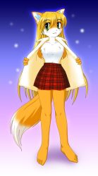 1girl animal_ears barefoot blonde_hair blush feet fox_ears fox_tail full_body furry furry_female green_eyes long_hair looking_at_viewer navel pisipisi skirt smile solo tail toes undressing whiskers 