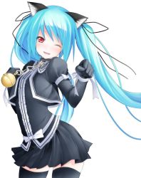  1girl animal_ears artist_request bell blue_hair cat_ears chain fang gloves hatsune_miku one_eye_closed open_mouth paw_pose red_eyes ribbon simple_background skirt solo thighhighs twintails vocaloid white_background wink  rating:Sensitive score:12 user:Turklarisha