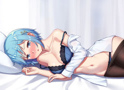 1girl bare_shoulders bed_sheet black_pantyhose blue_bra blue_eyes blue_hair blue_panties blush bra breasts cleavage clothes_pull collarbone commentary_request cowboy_shot curtains du_mogu groin hair_ornament hairclip hand_up long_sleeves looking_at_viewer lying mahou_shoujo_madoka_magica mahou_shoujo_madoka_magica_(anime) medium_breasts miki_sayaka navel nose_blush off_shoulder on_side open_clothes open_shirt panties pantyhose parted_lips shirt short_hair solo stomach strap_slip thighs underwear white_shirt rating:Sensitive score:20 user:danbooru