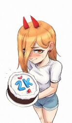  1girl blonde_hair blue_shorts blush cake chainsaw_man commentary cross-shaped_pupils earrings english_commentary food from_above hair_behind_ear hair_over_one_eye highres holding holding_plate horns jewelry kirtome milestone_celebration plate power_(chainsaw_man) red_eyes red_horns shirt short_shorts shorts smile solo sweatdrop symbol-shaped_pupils t-shirt white_shirt 