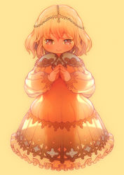 1girl blonde_hair brown_eyes dress eyebrows feral_lemma loli looking_at_viewer original see-through see-through_silhouette short_hair simple_background smile solo standing yellow_background rating:Questionable score:30 user:danbooru