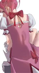  1girl absurdres arm_support back_bow back_cutout bow brunofross clothing_cutout dress dress_bow from_behind gloves highres kaname_madoka knees_up looking_at_viewer magical_girl mahou_shoujo_madoka_magica mahou_shoujo_madoka_magica_(anime) pink_dress pink_eyes pink_hair profile puffy_short_sleeves puffy_sleeves red_bow short_hair short_sleeves simple_background sitting solo two-tone_dress white_background white_dress white_gloves 