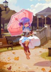 1girl alkemanubis android arm_up autumn_leaves bench blue_dress blue_hair boots brown_thighhighs cloud day dress full_body gloves hand_on_own_head head_wings highres holding holding_umbrella joints lamppost leaf mechanical_parts original outdoors path red_eyes road robot_joints see-through short_dress short_hair single_head_wing sky solo stairs standing standing_on_one_leg striped_clothes striped_dress thigh_boots thighhighs tree umbrella waist_cape wind wind_lift wings  rating:Questionable score:47 user:danbooru