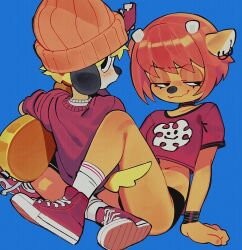  1boy 1girl animal_ears arm_support black_eyes blonde_hair blue_background closed_mouth cropped_shirt dog_boy dog_ears dog_tail earrings furry furry_female furry_male guitar half-closed_eyes holding holding_instrument instrument jewelry lammy_(um_jammer_lammy) navel parappa parappa_the_rapper red_footwear red_hair red_shirt sheep_ears sheep_girl shirt shoes short_hair short_sleeves simple_background sitting sneakers socks tail um_jammer_lammy wamudraws white_socks  rating:Sensitive score:89 user:danbooru