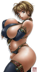 1girl armor bikini bikini_armor breasts bridal_gauntlets brown_eyes brown_hair earrings elbow_gloves fingerless_gloves gloves hammer huge_breasts jewelry jolly_roger large_breasts looking_at_viewer phaia plump revealing_clothes short_hair sideboob skull skull_and_crossed_swords solo spunky_knight swimsuit thighhighs youhei_kozou rating:Explicit score:21 user:yes32