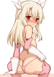 1girl ass bikini blonde_hair blush breasts butt_crack fate/kaleid_liner_prisma_illya fate_(series) from_behind illyasviel_von_einzbern loli long_hair looking_back nipples prisma_illya red_eyes small_breasts solo swimsuit thighhighs toshishikisai white_background rating:Questionable score:150 user:FabricioDias