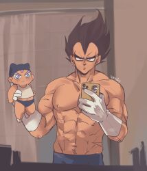 2boys abs addy_(@vegeebs) cowboy_shot dragon_ball dragonball_z drooling father_and_son frown highres holding holding_baby holding_phone guys_holding_babies_(meme) looking_at_viewer male_focus meme mirror_image multiple_boys muscular muscular_male nipples pectorals phone photo-referenced photo_background selfie short_hair sparse_navel_hair standing topless_male trunks_(dragon_ball) vegeta