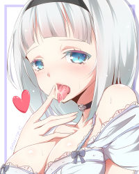  10s 1girl anna_nishikinomiya aqua_eyes bare_shoulders blush bra breasts choker cleavage dated drooling finger_to_mouth hairband heart large_breasts looking_at_viewer off_shoulder open_mouth ripe.c saliva sexually_suggestive shimoneta_to_iu_gainen_ga_sonzai_shinai_taikutsu_na_sekai short_hair simple_background solo suggestive_fluid tongue tongue_out underwear upper_body white_hair  rating:Questionable score:55 user:creck