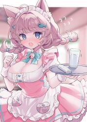 1girl :o ahoge animal_ear_fluff animal_ears apron aqua_bow aqua_bowtie bell blue_eyes blurry blurry_background blush bow bowtie breasts brown_hair buttons cat_ears center_frills cleavage collar cowboy_shot cup detached_collar dress drink drinking_glass eyelashes fang fish_hair_ornament floating_hair flustered flying_sweatdrops frilled_apron frilled_dress frills hair_bow hair_intakes hair_ornament hand_up hands_up heart_button holding holding_tray jingle_bell karunabaru looking_at_viewer low_twin_braids maid medium_breasts medium_hair neck_bell nose_blush open_mouth original short_sleeves skin_fang solo swept_bangs tray twin_braids two-tone_dress water white_collar white_wrist_cuffs wrist_cuffs x_hair_ornament