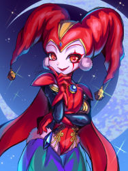  1girl cape chrono_cross crescent_moon facepaint glint gloves hand_up harle_(chrono_cross) harlequin hat highres jester_cap looking_at_viewer moon night night_sky outdoors pom_pom_(clothes) red_cape red_eyes red_gloves red_hat sky smile solo sue02_(suexxx)  rating:General score:4 user:danbooru
