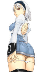  1girl back back_cutout bad_id bad_pixiv_id blanc_neige blue_skirt cleft_of_venus clothing_cutout dress from_behind from_below gus_(clarkii) hairband looking_back no_bra panties panty_pull pussy red_eyes sega shining_(series) shining_tears short_dress short_hair simple_background skirt solo uncensored underwear white_background white_hair white_panties  rating:Explicit score:27 user:danbooru