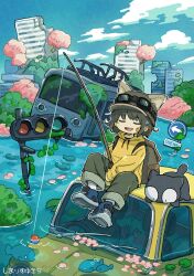 1girl animal animal_ears artist_name backpack bag bandaid bandaid_on_face black_cat black_hair blue_footwear building cat cat_ears cat_girl cherry_blossoms closed_eyes cloud commentary day ears_through_headwear fish fishing fishing_rod flood goggles goggles_on_headwear hat highres holding holding_fishing_rod hood hood_down hoodie long_sleeves open_mouth original outdoors overgrown pants partially_immersed post-apocalypse road_sign shimarisu_yukichi shoes short_hair sign sitting sky smile sneakers traffic_light train water yellow_hoodie 