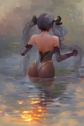 1girl 2b1r artist_name ass back bare_shoulders black_pantyhose blue_hair elbow_gloves from_behind genshin_impact gloves hair_ribbon highres leotard long_hair mona_(genshin_impact) pantyhose reflection ribbon solo sun twintails wading rating:Sensitive score:51 user:danbooru