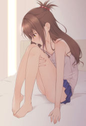  1girl arm_support bad_id bad_pixiv_id bare_arms bare_legs bare_shoulders barefoot bed blue_skirt blush breasts brown_hair camisole cleavage collarbone eyebrows feet female_focus from_side hair_bobbles hair_ornament highres hugging_own_legs knees_up long_hair looking_down miniskirt no_bra no_panties one_side_up profile shokuyou_mogura sitting skirt sleeveless small_breasts solo strap_slip thighs to_love-ru yellow_eyes yuuki_mikan  rating:Questionable score:74 user:danbooru