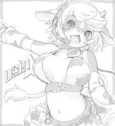  1girl animal_ears bell blush breasts cow_girl earphones furry furry_female horns kikurage_(crayon_arts) large_breasts looking_at_viewer monochrome skirt solo tagme  rating:Sensitive score:18 user:shape_shifty