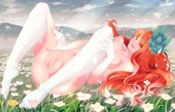  1girl cleft_of_venus dollachan dota_(series) dota_2 feet field flower flower_on_head green_eyes highres looking_at_viewer lying nude orange_hair puffy_pussy pussy spread_legs windranger_(dota)  rating:Explicit score:9 user:Art_Of_Dollachan