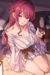  1girl alcohol blush breasts collarbone commentary_request highres holding indoors japanese_clothes kimono kneeling large_breasts long_hair long_sleeves looking_at_viewer monoto off_shoulder original parted_lips red_hair single_bare_shoulder smile solo thighs wide_sleeves yellow_eyes yukata 