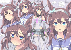  1girl ahoge animal_ears blue_eyes blush bow bowtie brown_hair closed_eyes closed_mouth commentary covered_navel detached_sleeves ear_ornament expressionless expressions frown grey_hairband grey_leotard grey_skirt grey_sleeves grey_thighhighs hair_ornament hairband highleg highleg_leotard homing_(areya) horse_ears horse_girl horse_tail horseshoe_ornament leotard long_hair looking_at_viewer microskirt mihono_bourbon_(umamusume) multiple_views open_mouth purple_sailor_collar purple_shirt rigging sailor_collar school_uniform serafuku shirt skirt smile standing tail tearing_up thighhighs translated umamusume white_bow white_bowtie 