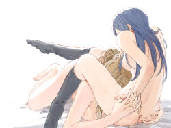  2girls ass black_socks blonde_hair blue_hair breasts cunnilingus from_behind fujino_shizuru hand_on_another&#039;s_head highres kuga_natsuki large_breasts long_hair multiple_girls my-hime nichiju_(you) nude oral simple_background socks white_background wife_and_wife yuri 