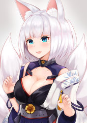 1girl :d animal_ear_fluff animal_ears azur_lane bare_shoulders blue_eyes blue_skirt blush breasts cleavage cleavage_cutout clothing_cutout collarbone commentary_request fang fox_ears fox_tail hands_up highres japanese_clothes kaga_(azur_lane) kitsune large_breasts long_sleeves looking_at_viewer multiple_tails off_shoulder open_mouth ryara shirt short_hair simple_background skirt sleeveless sleeveless_shirt smile solo tail upper_body white_background white_hair wide_sleeves wristband rating:Sensitive score:14 user:danbooru