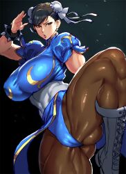  1girl black_hair boots bracelet breasts cameltoe capcom chun-li covered_clitoris double_bun fighting_stance groin hair_bun jewelry kisuu large_breasts leg_lift muscular muscular_female pantyhose pursed_lips solo spiked_bracelet spikes street_fighter thick_thighs thighs 