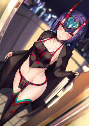 1girl ankle_ribbon barefoot_sandals_(jewelry) black_coat black_thighhighs blurry bob_cut breasts chinese_clothes coat collarbone commentary_request cowboy_shot crop_top depth_of_field dudou dutch_angle eyeshadow fangs fate/grand_order fate_(series) groin hair_ornament headpiece highres horns indoors leg_ribbon lips looking_at_viewer makeup medium_breasts midriff navel oni open_clothes open_coat open_door pale_skin parted_lips purple_eyes purple_hair revealing_clothes ribbon satou_daiji short_eyebrows short_hair shuten_douji_(fate) shuten_douji_(fate/grand_order) shuten_douji_(halloween_caster)_(fate) skin-covered_horns solo stomach thighhighs thighs tile_floor tiles rating:Sensitive score:105 user:danbooru