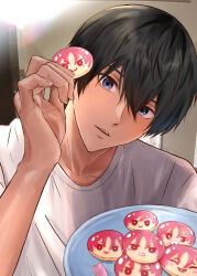  1boy black_hair blue_eyes character_food food free! hair_between_eyes highres holding holding_food holding_plate indoors looking_at_viewer male_focus matsuoka_rin nanase_haruka_(free!) nori0602ohl parted_lips plate shirt short_hair solo upper_body white_shirt 