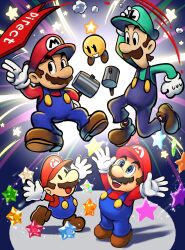 1other 4boys blue_eyes blue_overalls boots brothers brown_footwear brown_hair clenched_hand facial_hair gloves green_hat green_shirt hammer hat highres holding holding_hammer in-franchise_crossover luigi mario mario_&amp;_luigi_rpg mario_(series) multiple_boys multiple_persona mustache nintendo nintendo_direct open_mouth overalls paper_mario red_hat red_shirt shirt short_hair siblings starlow super_mario_rpg teeth upper_teeth_only white_gloves ya_mari_6363
