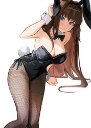  1girl @_@ absurdres animal_ears aozaki_aoko black_leotard black_pantyhose blue_eyes blush bow bowtie breasts brown_hair covered_navel detached_collar fake_animal_ears fake_tail fate/grand_order fate_(series) fishnet_pantyhose fishnets hair_intakes highleg highleg_leotard highres large_breasts leotard long_hair looking_at_viewer mahou_tsukai_no_yoru open_mouth pantyhose playboy_bunny rabbit_ears rabbit_tail side-tie_leotard simple_background solo strapless strapless_leotard tail traditional_bowtie white_background wrist_cuffs yotsutsu428  rating:Sensitive score:19 user:danbooru