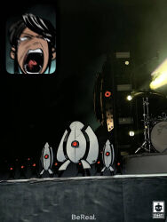  1girl absurdres animal_king_turret artist_logo bereal black_hair chell closed_eyes cymbals drum drum_set fan_screaming_at_madison_beer_(meme) happy_tears highres inset instrument meme microphone microphone_stand open_mouth portal portal_(series) portal_2 screaming sentry_turret_(portal) sidelocks solo tears teeth toastyghostey tongue 