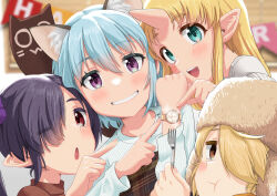 :t ;o analog_clock animal_ear_fluff animal_ears aqua_eyes backbeako_(torotei) birthday birthday_party black_hair blonde_hair blue_hair blush borrowed_character brown_hair brown_sweater cat_ears character_request chibi_yami clock closed_mouth commentary eyes_visible_through_hair fingernails fork fur_hat futaba_channel gegege_no_kitarou grin hair_between_eyes hair_over_one_eye happy_birthday hat head_tilt himewe holding holding_fork horns kirin_(nijiura_maids) long_hair long_sleeves looking_at_viewer nijiura_maids one_eye_closed open_mouth original plaid pointing pointy_ears purple_eyes red_eyes seal_impression short_hair single_horn skin-covered_horns smile sparkle sweater teeth twintails upper_body upper_teeth_only ushanka watch white_sweater wristwatch